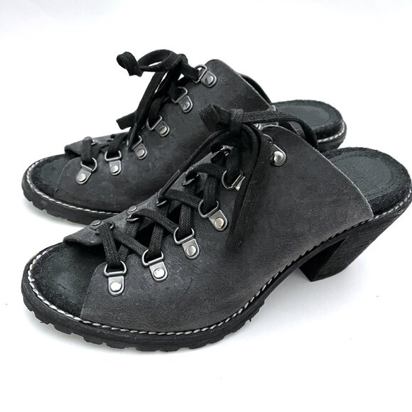 Woolrich Suede Lace Up Open Toe Heel Clog Mules Metal Rings Steampunk Cosplay - Picture 2 of 16